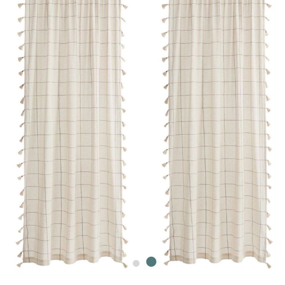 World Market Ivory and Charcoal Madras Pocket Sleeve Tassel Curtain Panels